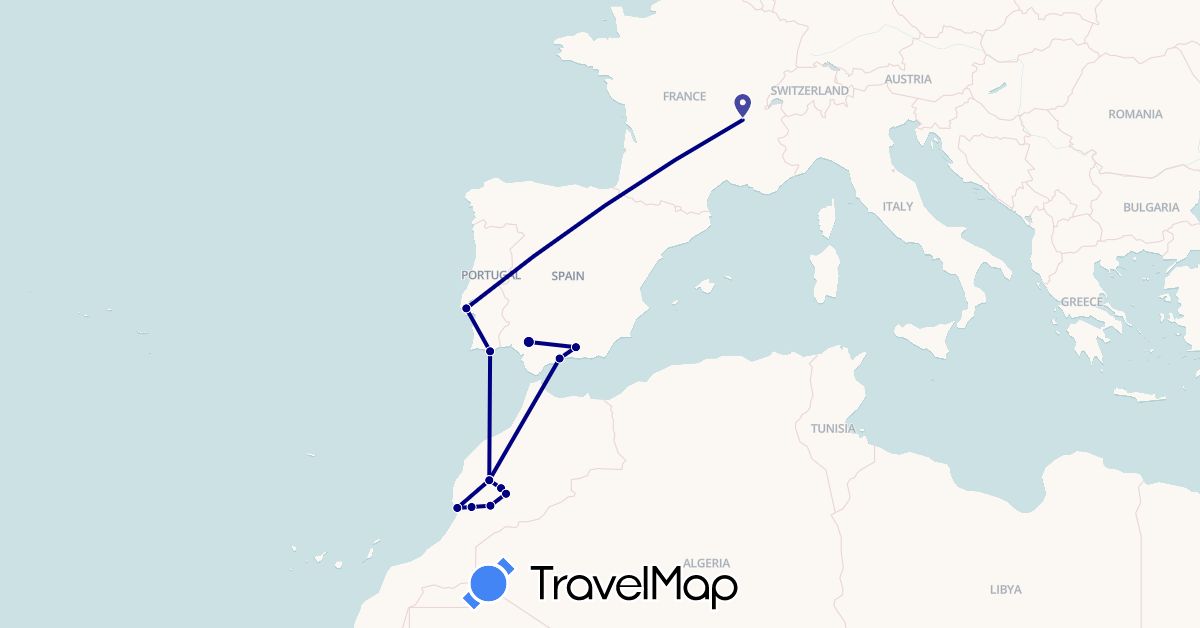 TravelMap itinerary: driving in Spain, France, Morocco, Portugal (Africa, Europe)